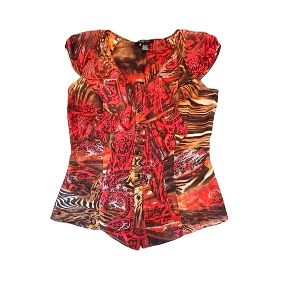 Etcetera by Carlisle Red Animal Ruffle 100% Silk Top Size 10/Medium MSRP $255 - Picture 1 of 10
